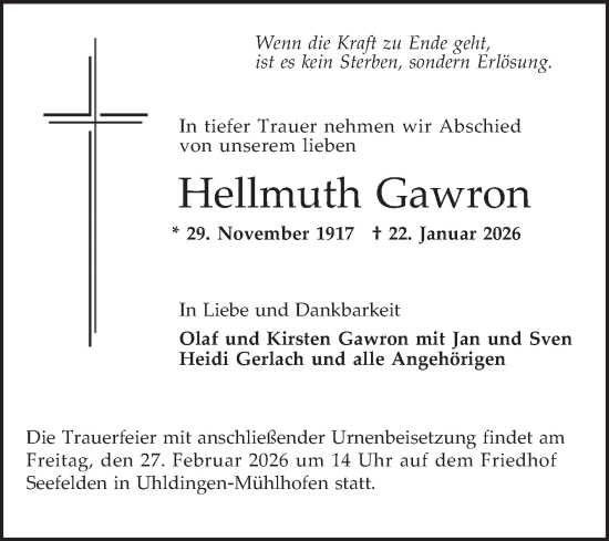 Traueranzeige von Hellmuth Gawron von Schwetzinger Zeitung