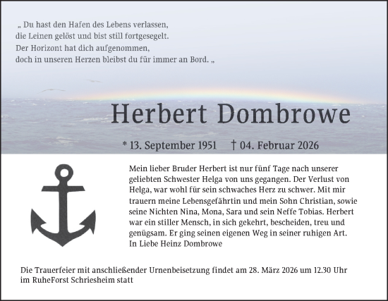Traueranzeige von Herbert Dombrowe von Mannheimer Morgen