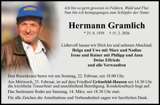 Traueranzeige von Hermann Gramlich von Fränkische Nachrichten