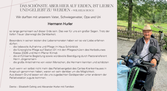 Traueranzeige von Hermann Hurler von Fränkische Nachrichten