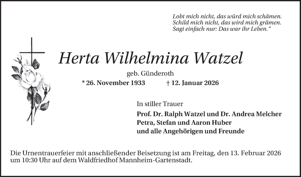  Traueranzeige für Herta Wilhelmina Watzel vom 07.02.2026 aus Mannheimer Morgen
