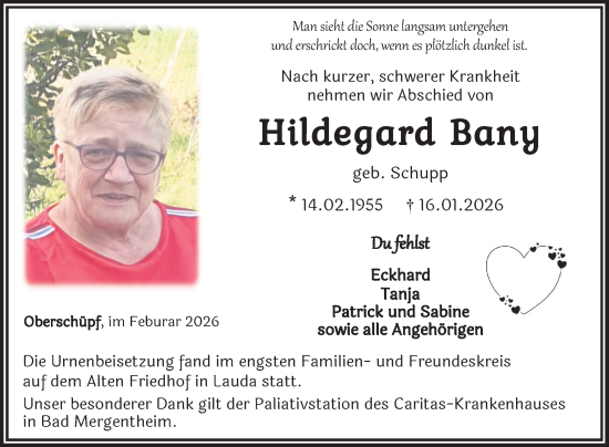 Traueranzeige von Hildegard Bany von Fränkische Nachrichten