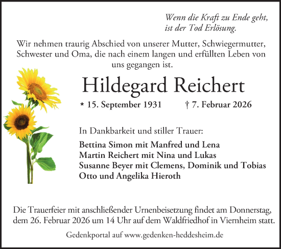 Traueranzeige von Hildegard Reichert von Mannheimer Morgen
