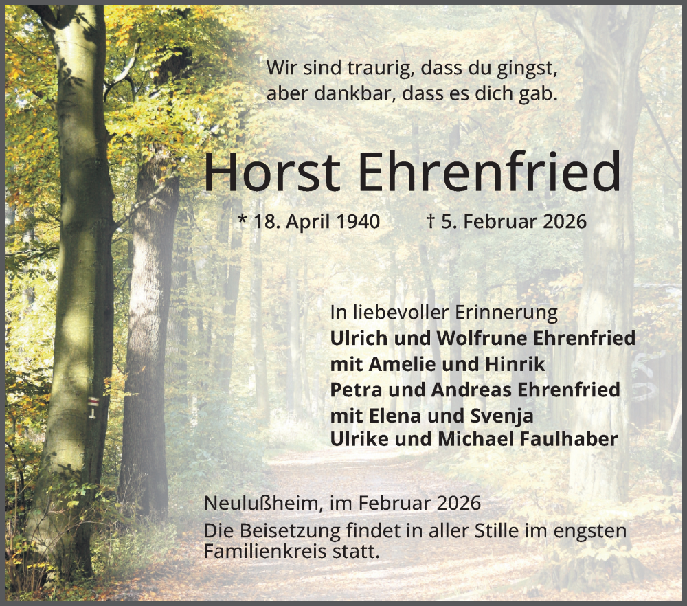  Traueranzeige für Horst Ehrenfried vom 14.02.2026 aus Mannheimer Morgen