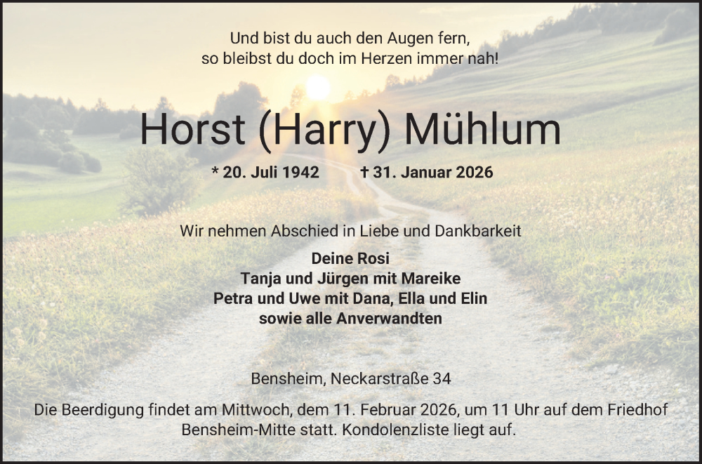  Traueranzeige für Horst Mühlum vom 07.02.2026 aus Bergsträßer Anzeiger
