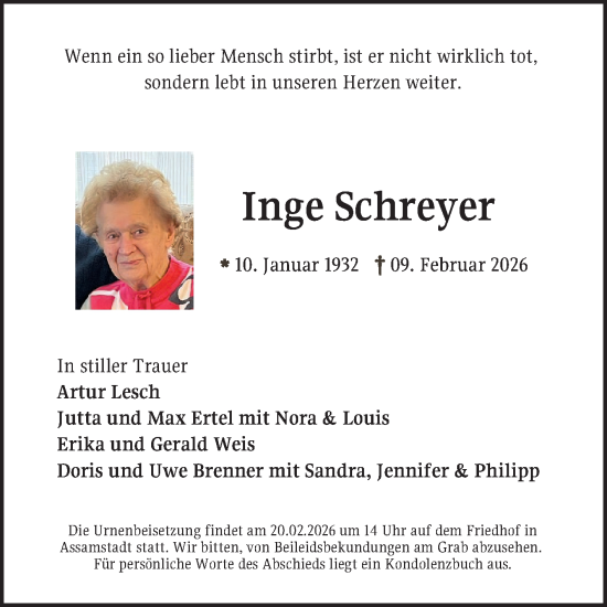 Traueranzeige von Inge Schreyer von Fränkische Nachrichten