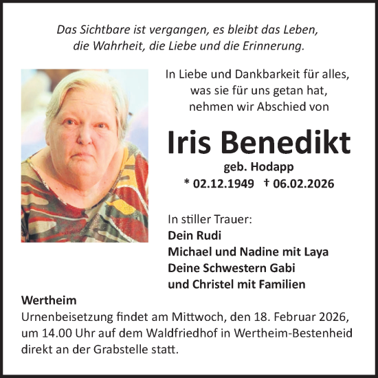 Traueranzeige von Iris Benedikt von Fränkische Nachrichten
