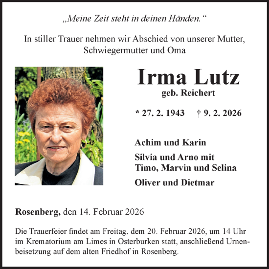 Traueranzeige von Irma Lutz von Fränkische Nachrichten