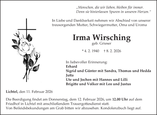 Traueranzeige von Irma Wirsching von Fränkische Nachrichten