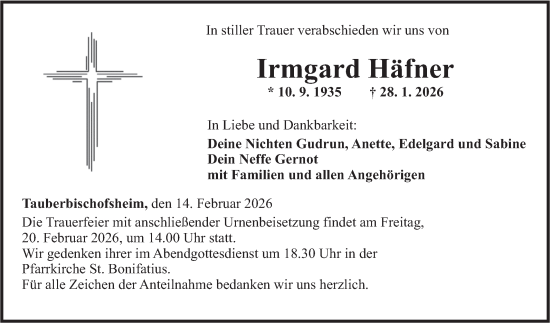 Traueranzeige von Irmgard Häfner von Fränkische Nachrichten
