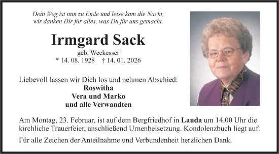 Traueranzeige von Irmgard Sack von Fränkische Nachrichten