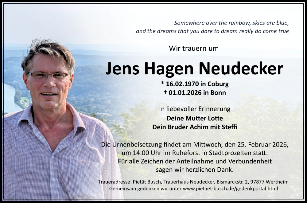  Traueranzeige für Jens Hagen Neudecker vom 21.02.2026 aus Fränkische Nachrichten