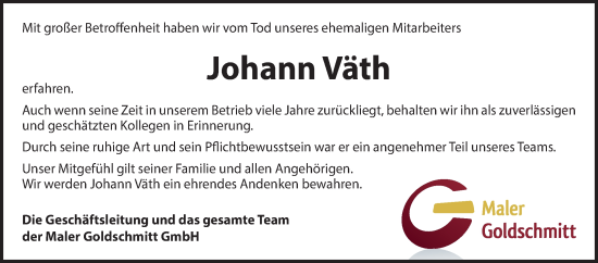 Traueranzeige von Johann Väth von Fränkische Nachrichten