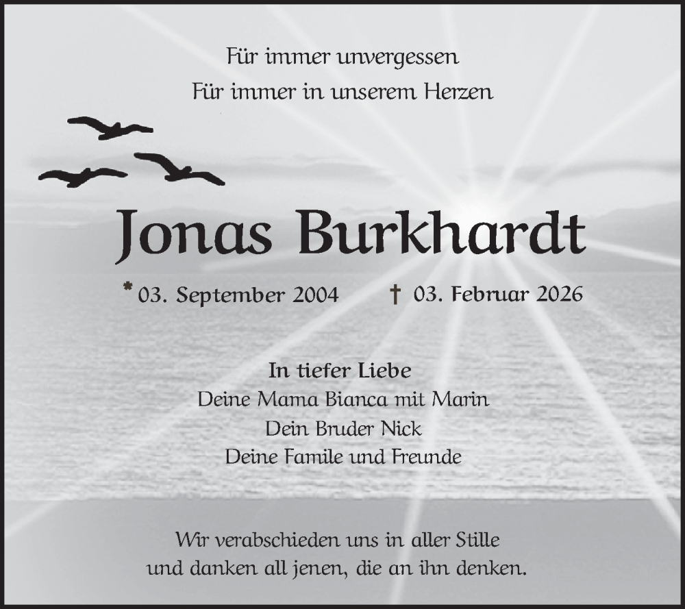  Traueranzeige für Jonas Burkhardt vom 14.02.2026 aus Bergsträßer Anzeiger