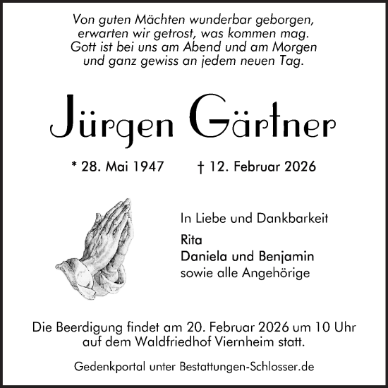 Traueranzeige von Jürgen Gärtner von Mannheimer Morgen
