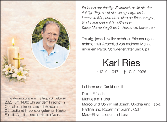 Traueranzeige von Karl Ries von Fränkische Nachrichten