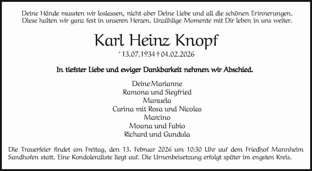  Traueranzeige für Karl Heinz Knopf vom 07.02.2026 aus Mannheimer Morgen