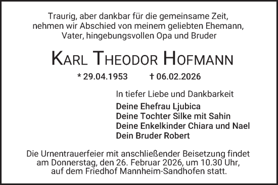 Traueranzeige von Karl Theodor Hofmann von Mannheimer Morgen