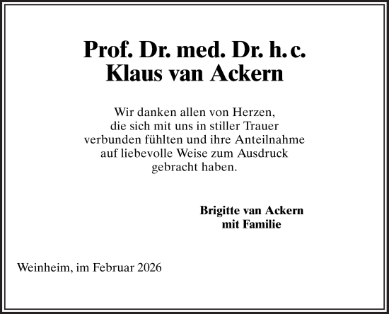 Traueranzeige von Klaus van Ackern von Mannheimer Morgen
