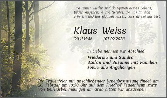 Traueranzeige von Klaus Weiss von Mannheimer Morgen