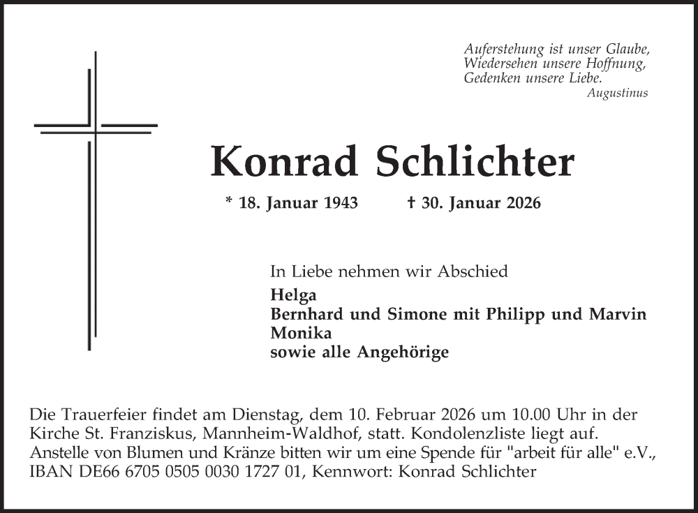  Traueranzeige für Konrad Schlichter vom 05.02.2026 aus Mannheimer Morgen