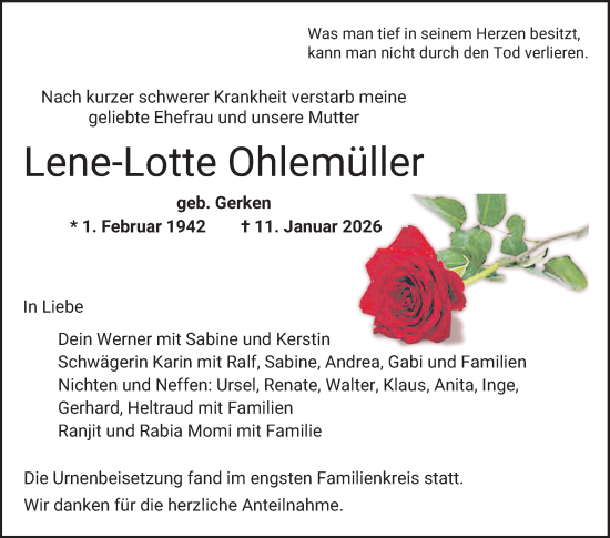 Traueranzeige von Lene-Lotte Ohlemüller von Bergsträßer Anzeiger