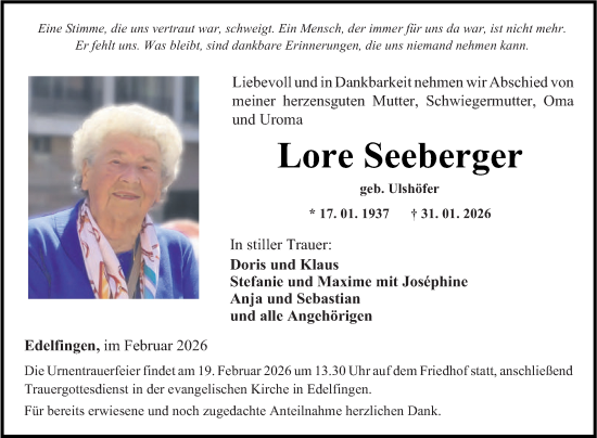 Traueranzeige von Lore Seeberger von Fränkische Nachrichten