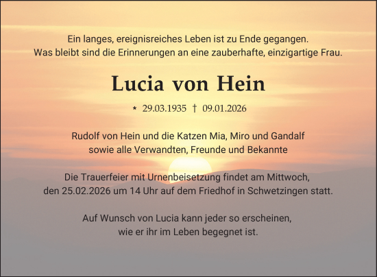 Traueranzeige von Lucia von Hein von Schwetzinger Zeitung