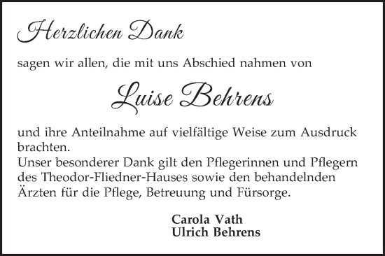 Traueranzeige von Luise Behrens von Mannheimer Morgen