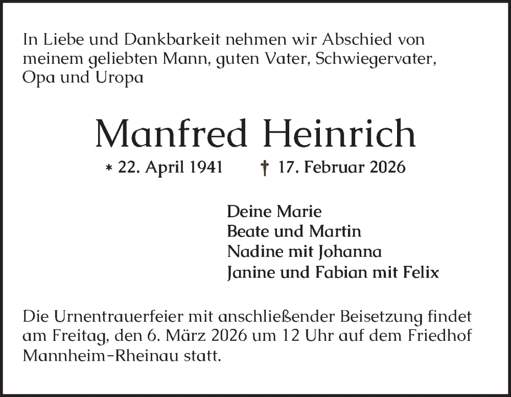  Traueranzeige für Manfred Heinrich vom 28.02.2026 aus Mannheimer Morgen