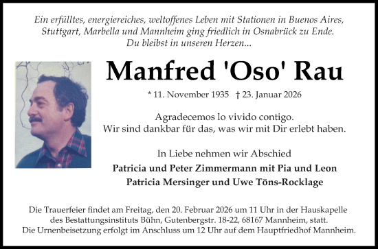 Traueranzeige von Manfred Rau von Mannheimer Morgen