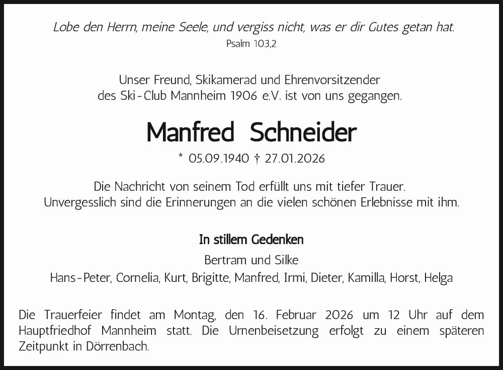  Traueranzeige für Manfred Schneider vom 07.02.2026 aus Mannheimer Morgen
