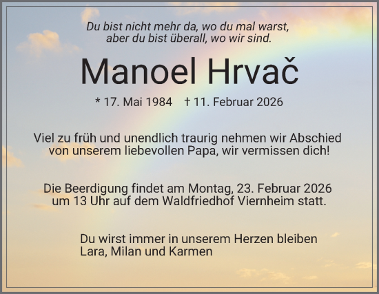 Traueranzeige von Manoel Hrvač von Mannheimer Morgen