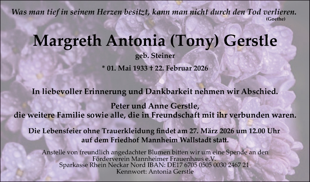  Traueranzeige für Margreth Antonia Gerstle vom 28.02.2026 aus Mannheimer Morgen