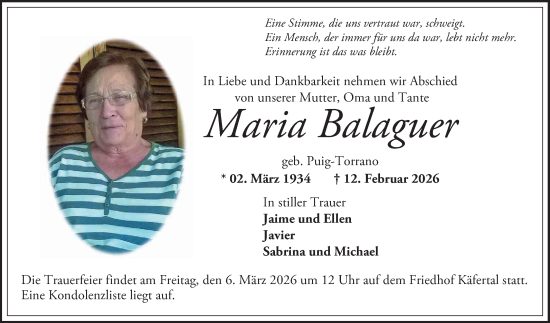 Traueranzeige von Maria Balaguer von Mannheimer Morgen