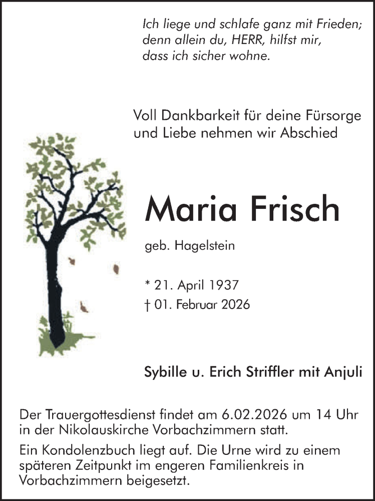  Traueranzeige für Maria Frisch vom 04.02.2026 aus Fränkische Nachrichten