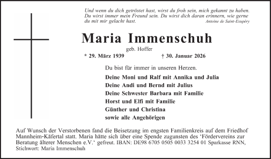 Traueranzeige von Maria Immenschuh von Mannheimer Morgen