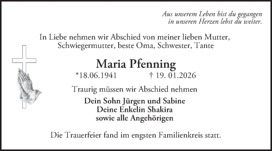 Traueranzeige von Maria Pfenning von Mannheimer Morgen