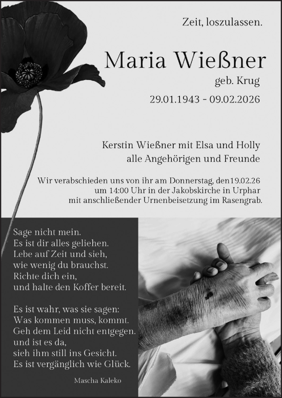 Traueranzeige von Maria Wießner von Fränkische Nachrichten