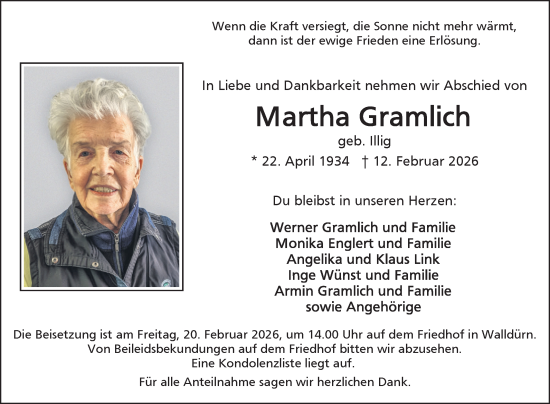 Traueranzeige von Martha Gramlich von Fränkische Nachrichten
