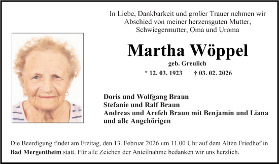 Traueranzeige von Martha Wöppel von Fränkische Nachrichten