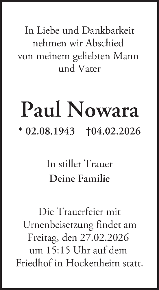 Traueranzeige von Paul Nowara von Schwetzinger Zeitung