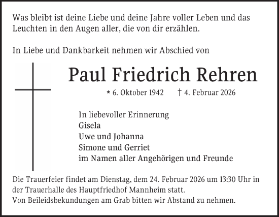 Traueranzeige von Paul Friedrich Rehren von Mannheimer Morgen