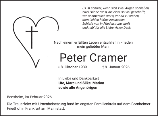 Traueranzeige von Peter Cramer von Bergsträßer Anzeiger