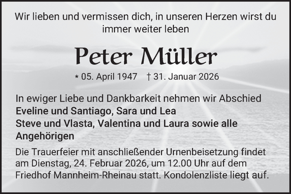  Traueranzeige für Peter Müller vom 14.02.2026 aus Mannheimer Morgen