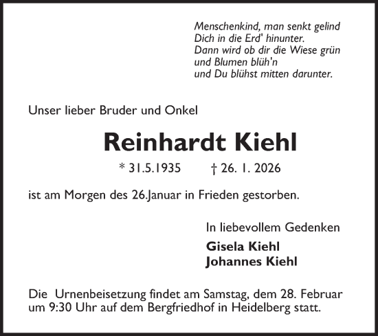 Traueranzeige von Reinhardt Kiehl von Mannheimer Morgen