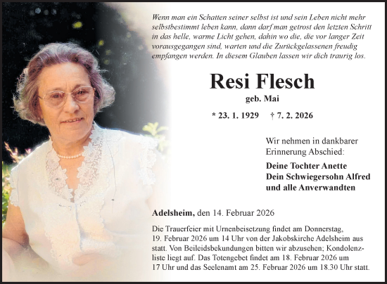 Traueranzeige von Resi Flesch von Fränkische Nachrichten