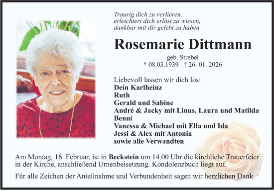 Traueranzeige von Rosemarie Dittmann von Fränkische Nachrichten