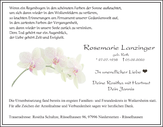 Traueranzeige von Rosemarie Lanzinger von Fränkische Nachrichten