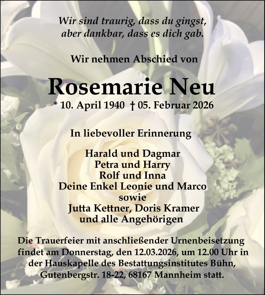  Traueranzeige für Rosemarie Neu vom 21.02.2026 aus Mannheimer Morgen